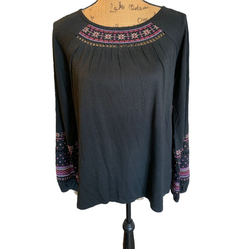 ✌️ 2/$40 ✌️ J. Jill Black Boho Blouse sz XS Embroidered and Pierced Sleeves